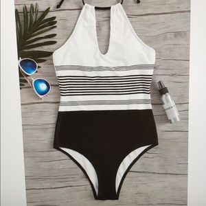 Halter cutout back striped swimsuit